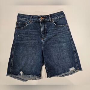 EXPRESS High-rise, Curvy fit, Frayed-hem Bermudan Style Denim Shorts!